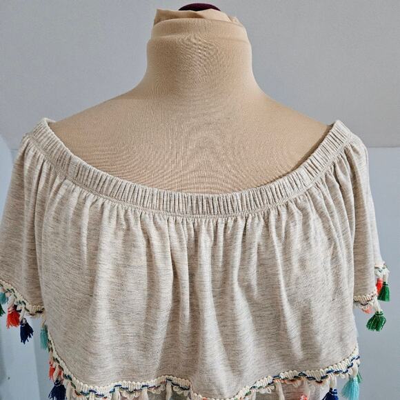 Pebble and Stone Womens Top Large Off Shoulder Colorful Pom Pom Embroidery Trim - Picture 5 of 12